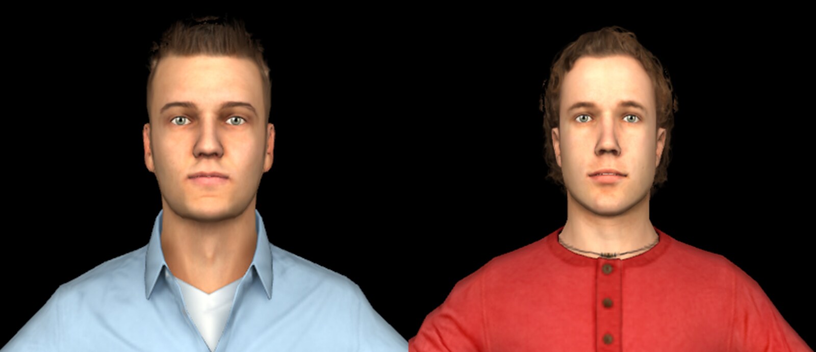 Two computer-generated male avatars facing the viewer, one in a blue collared shirt and one in a red henley shirt.